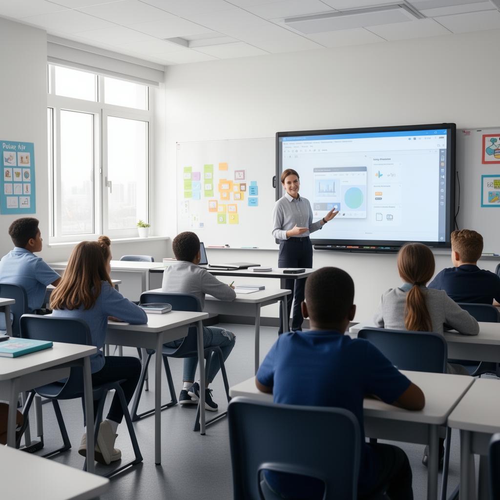 Lehrerin unterrichtet mit interaktivem Display
